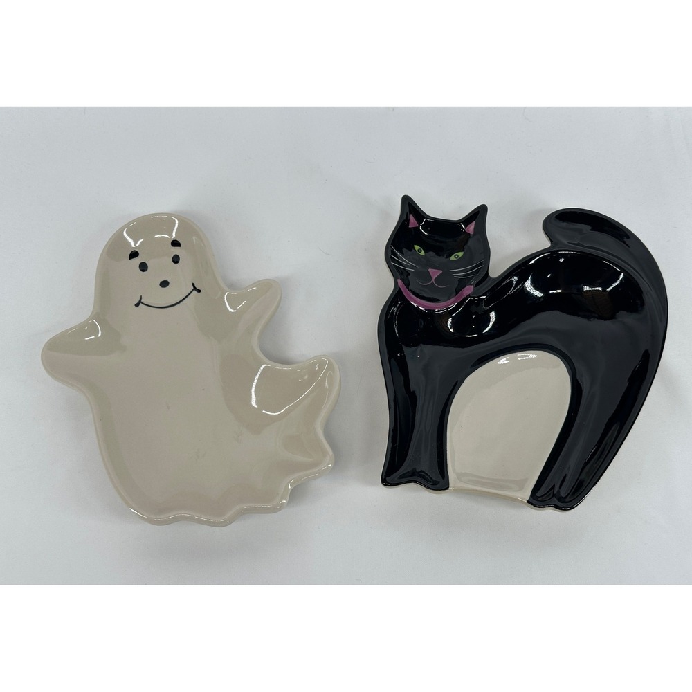 Longaberger Halloween Candy Dish Set Ghost Black Cat Cream Black Ceramic 2pc